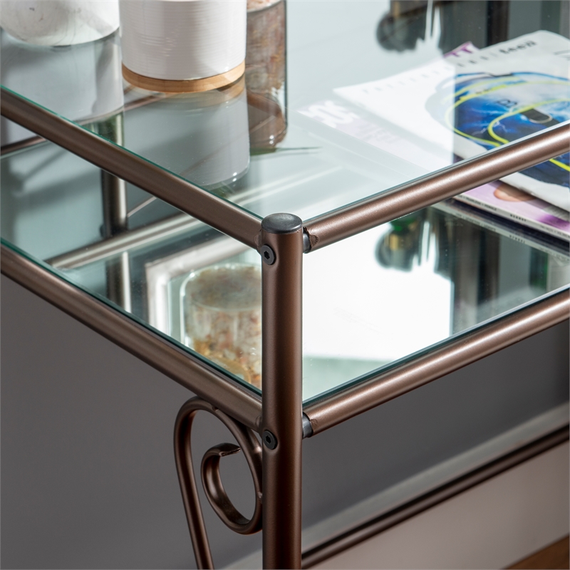 Linon Clarisse Metal & Glass Vanity & Padded Stool Set Arched Mirror in Bronze