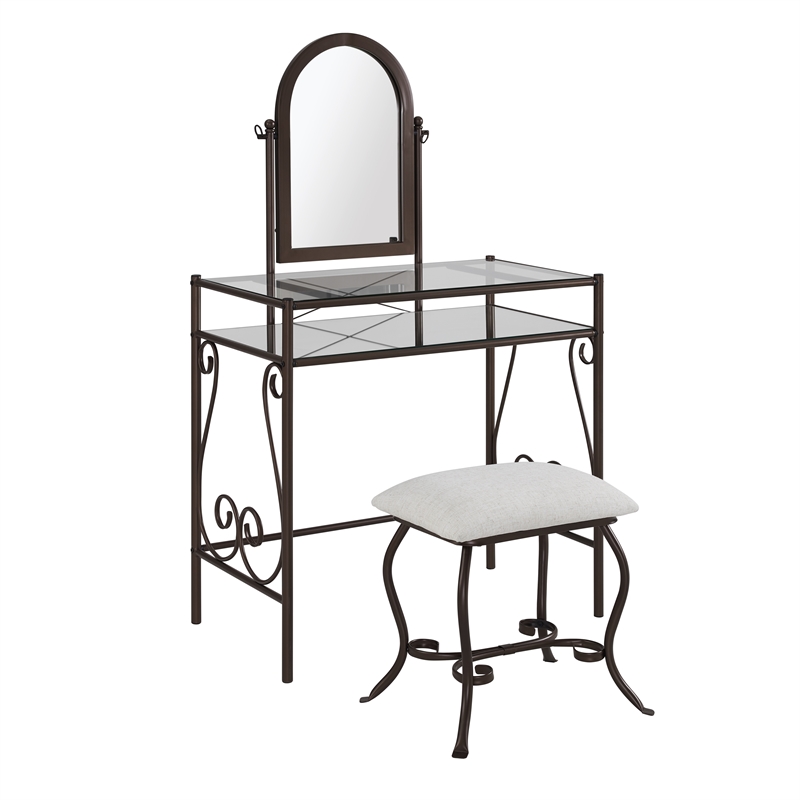 Linon Clarisse Metal Vanity Set In Gray, Metal Vanity Table