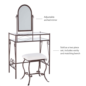 Linon Clarisse Metal & Glass Vanity & Padded Stool Set Arched Mirror in Bronze