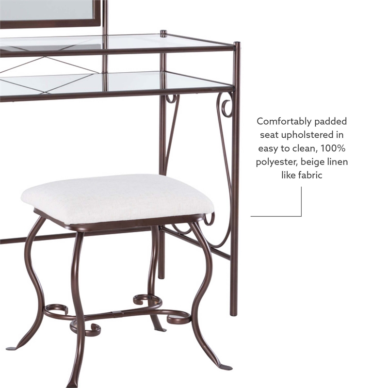 Linon Clarisse Metal & Glass Vanity & Padded Stool Set Arched Mirror in Bronze