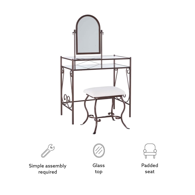 Linon Clarisse Metal & Glass Vanity & Padded Stool Set Arched Mirror in Bronze