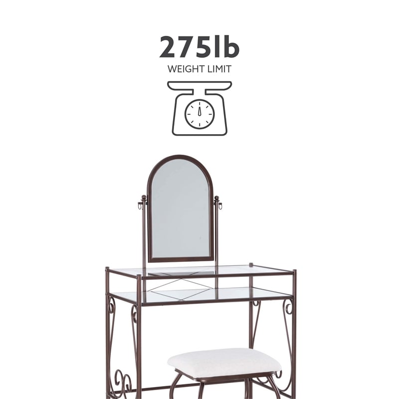 Linon Clarisse Metal & Glass Vanity & Padded Stool Set Arched Mirror in Bronze