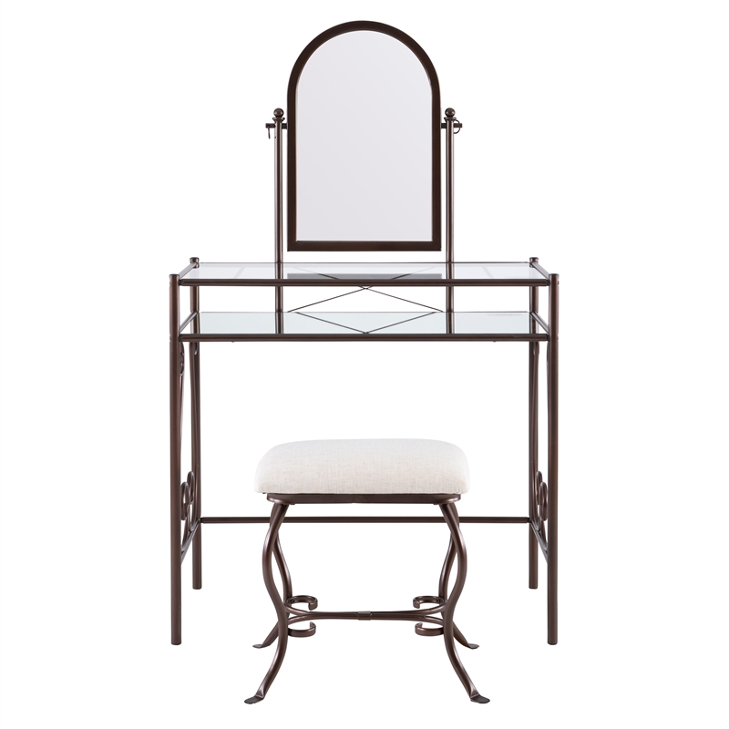 Linon Clarisse Metal & Glass Vanity & Padded Stool Set Arched Mirror in Bronze