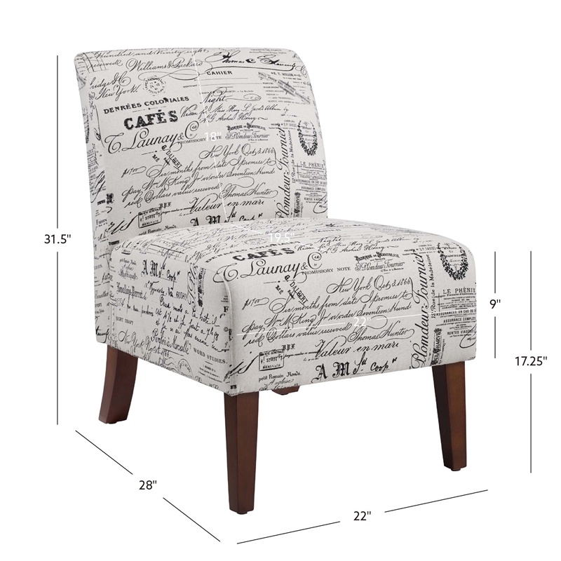 Linon Lily Upholstered Armless Accent Chair in Cream/Black Script Printed Fabric