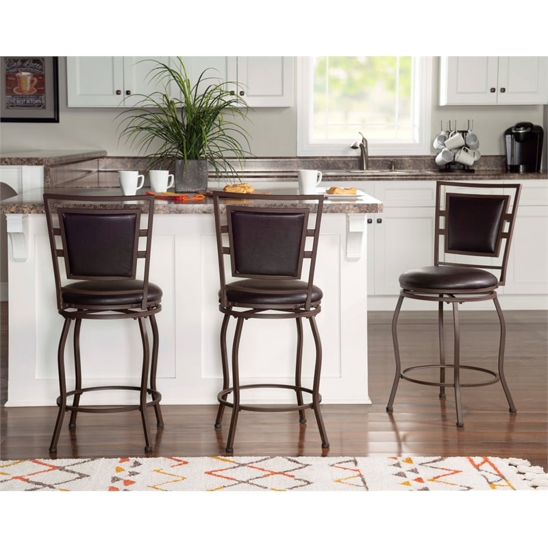 Linon Townsend Metal Adjustable Height Stools Set of 3 in Dk Brown Faux Leather