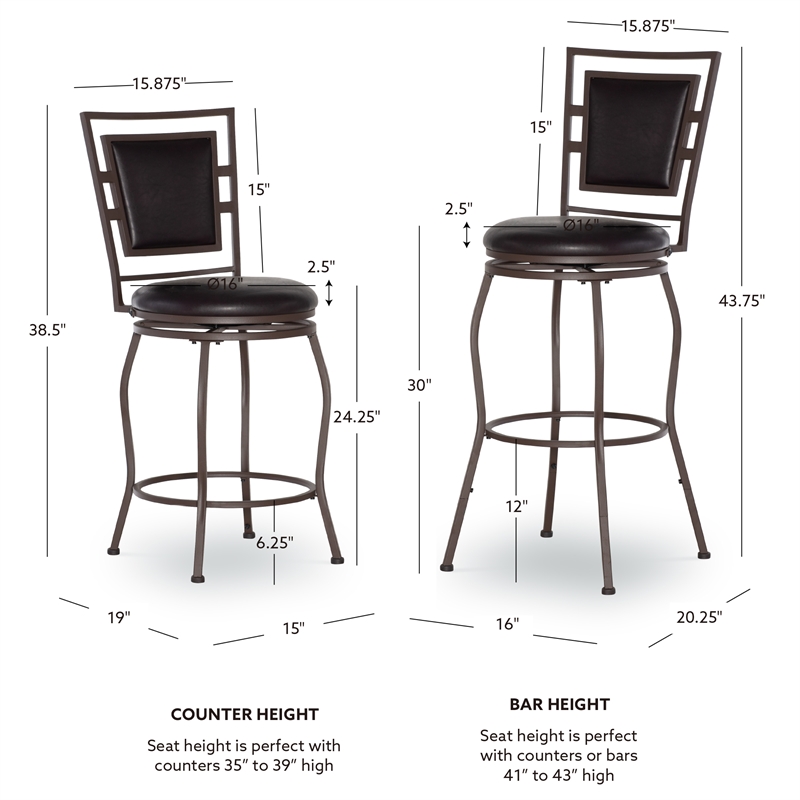 Linon Townsend Metal Adjustable Height Stools Set of 3 in Dk Brown Faux Leather