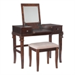 Linon Angela Wood Vanity Set Upholstered Beige Stool 2 Drawers Mirror in Walnut