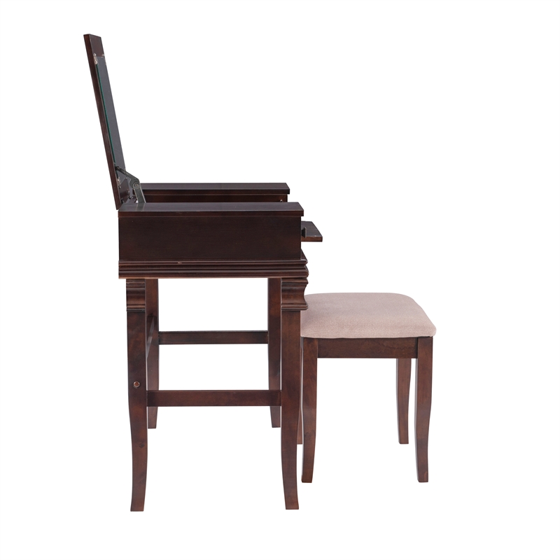 Linon Angela Wood Vanity Set Upholstered Beige Stool 2 Drawers Mirror in Walnut