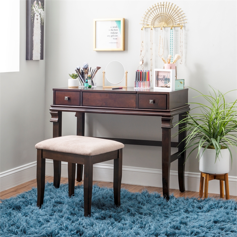 Linon Angela Wood Vanity Set Upholstered Beige Stool 2 Drawers Mirror in Walnut