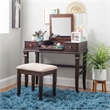 Linon Angela Wood Vanity Set Upholstered Beige Stool 2 Drawers Mirror in Walnut