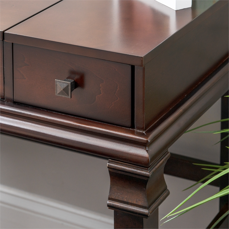 Linon Angela Wood Vanity Set Upholstered Beige Stool 2 Drawers Mirror in Walnut