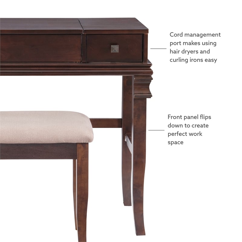 Linon Angela Wood Vanity Set Upholstered Beige Stool 2 Drawers Mirror in Walnut