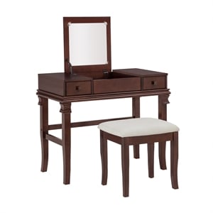 Linon Angela Wood Vanity Set Upholstered Beige Stool 2 Drawers Mirror in Walnut