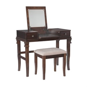 Linon Angela Wood Vanity Set Upholstered Beige Stool 2 Drawers Mirror in Walnut