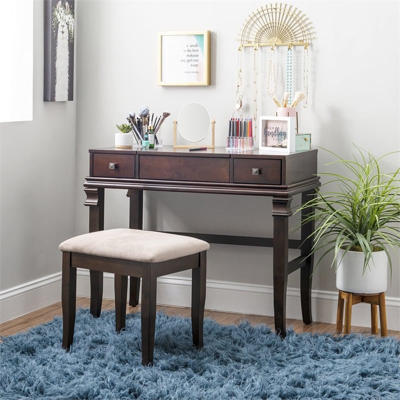 Linon Angela Wood Vanity Set Upholstered Beige Stool 2 Drawers Mirror in Walnut