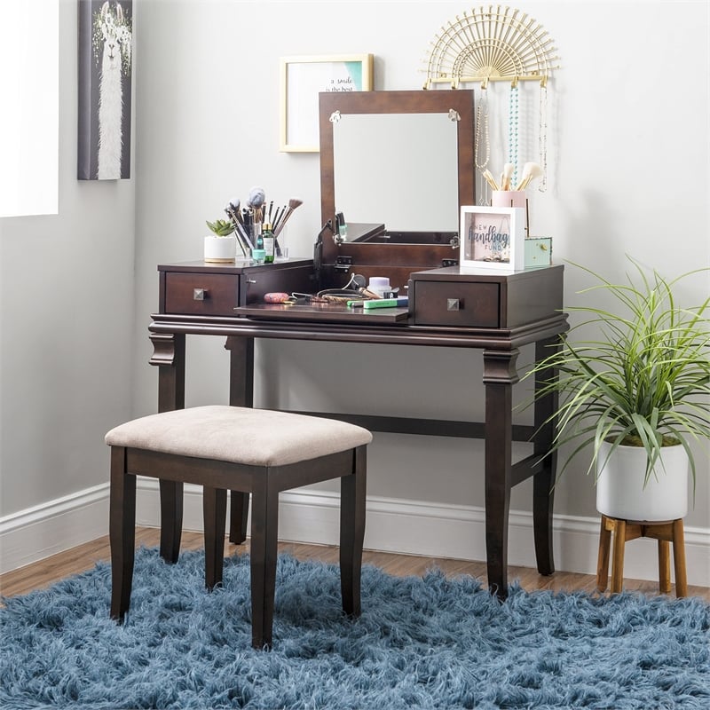 Linon Angela Wood Vanity Set Upholstered Beige Stool 2 Drawers Mirror in Walnut