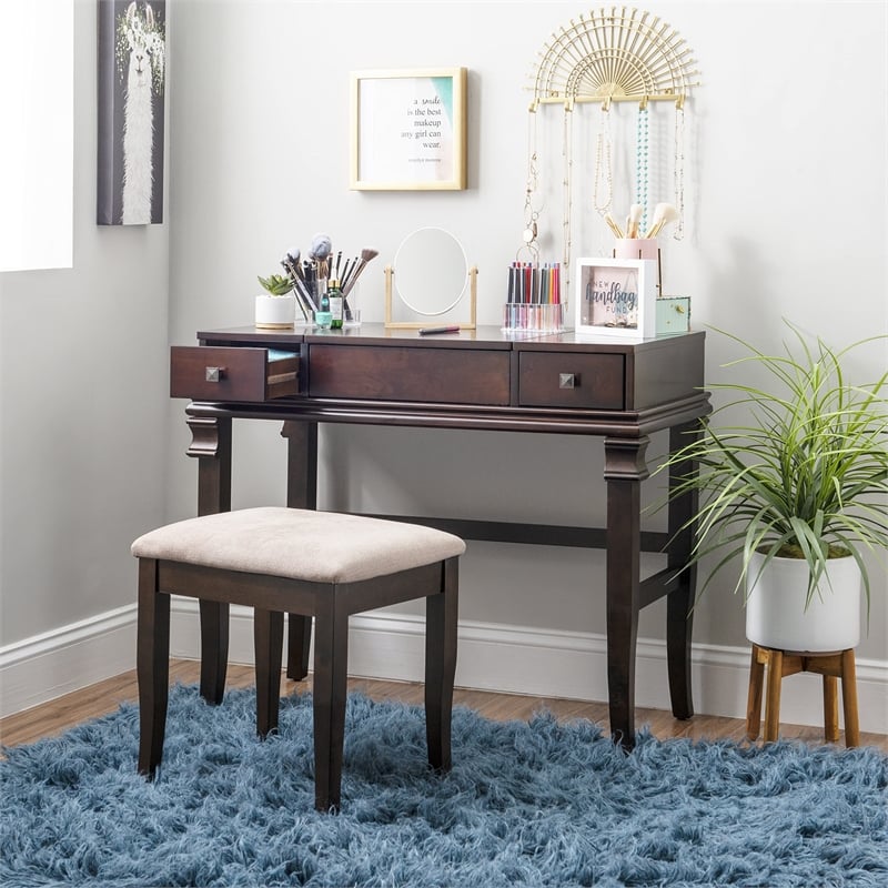 Linon Angela Wood Vanity Set Upholstered Beige Stool 2 Drawers Mirror in Walnut