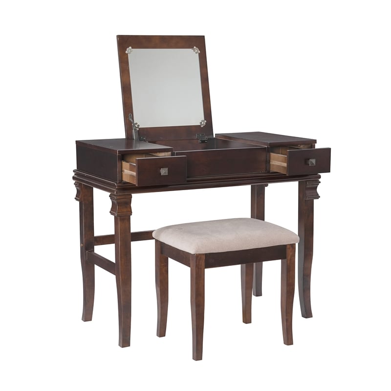 Linon Angela Wood Vanity Set Upholstered Beige Stool 2 Drawers Mirror in Walnut