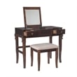 Linon Angela Wood Vanity Set Upholstered Beige Stool 2 Drawers Mirror in Walnut
