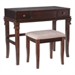 Linon Angela Wood Vanity Set Upholstered Beige Stool 2 Drawers Mirror in Walnut