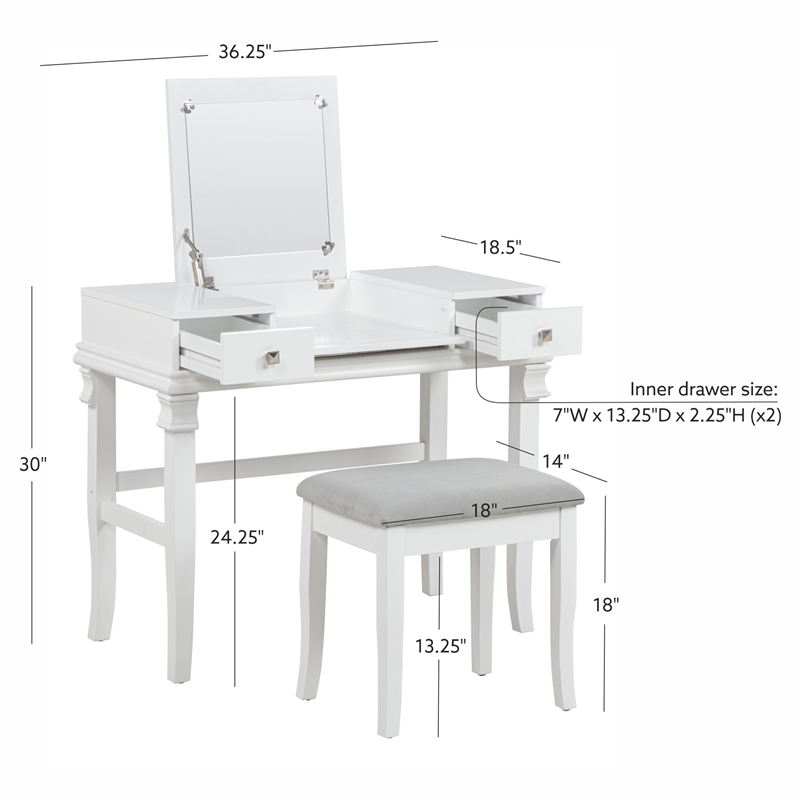 Linon Angela Wood Vanity & Padded Beige Stool 2 Drawers Flip Up Mirror in White