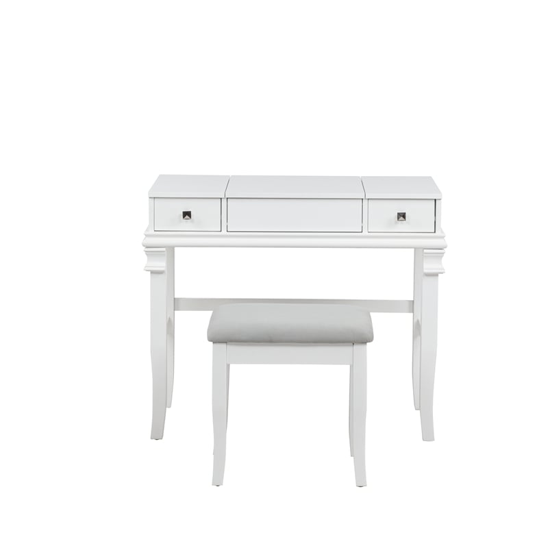 Linon Angela Wood Vanity & Padded Beige Stool 2 Drawers Flip Up Mirror in White
