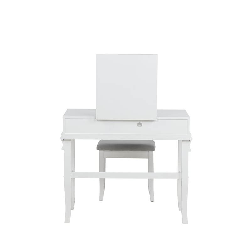 Linon Angela Wood Vanity & Padded Beige Stool 2 Drawers Flip Up Mirror in White