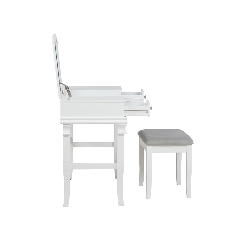 Linon Angela Wood Vanity & Padded Beige Stool 2 Drawers Flip Up Mirror in White