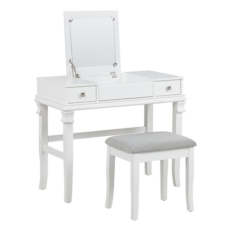 Linon Angela Wood Vanity & Padded Beige Stool 2 Drawers Flip Up Mirror in White