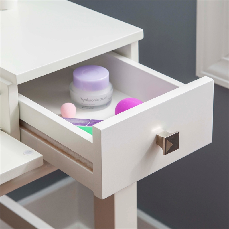 Linon Angela Wood Vanity & Padded Beige Stool 2 Drawers Flip Up Mirror in White