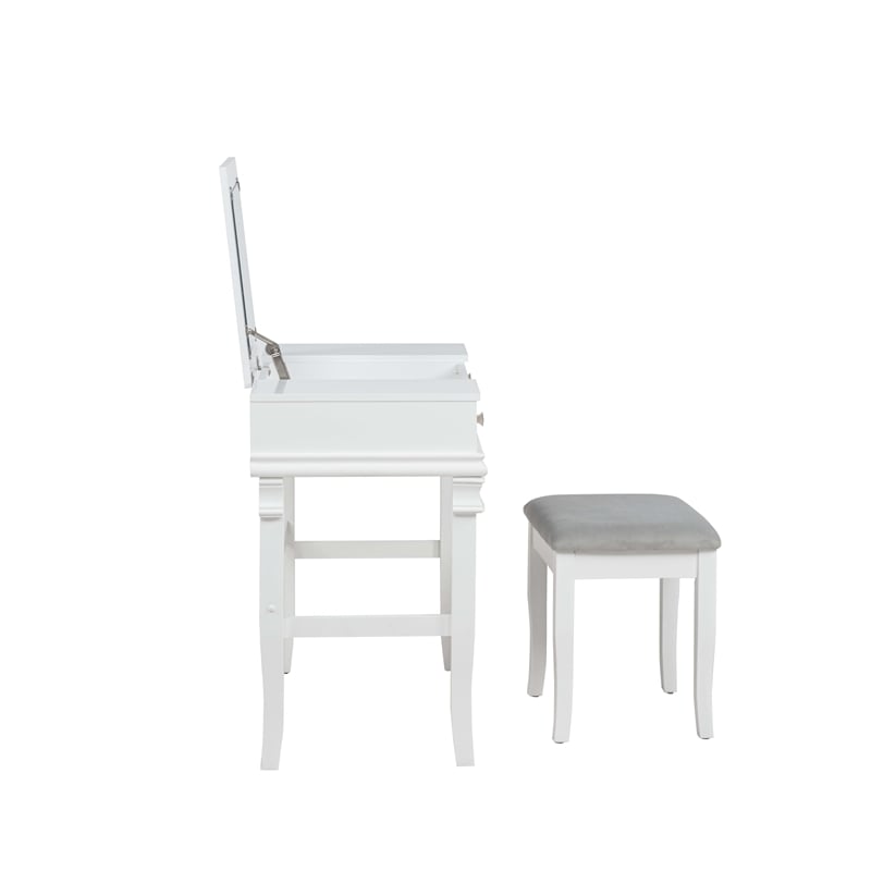Linon Angela Wood Vanity & Padded Beige Stool 2 Drawers Flip Up Mirror in White