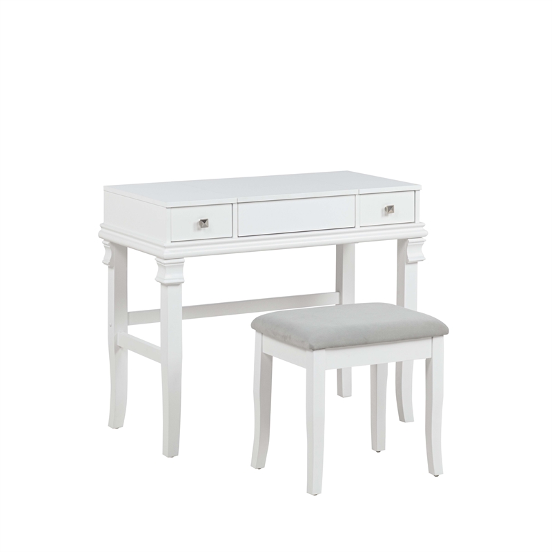 Linon Angela Wood Vanity & Padded Beige Stool 2 Drawers Flip Up Mirror in White