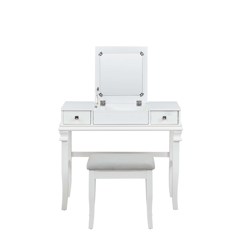 Linon Angela Wood Vanity & Padded Beige Stool 2 Drawers Flip Up Mirror in White