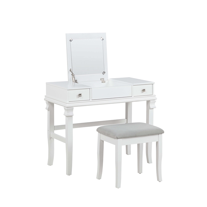 Linon Angela Wood Vanity & Padded Beige Stool 2 Drawers Flip Up Mirror in White