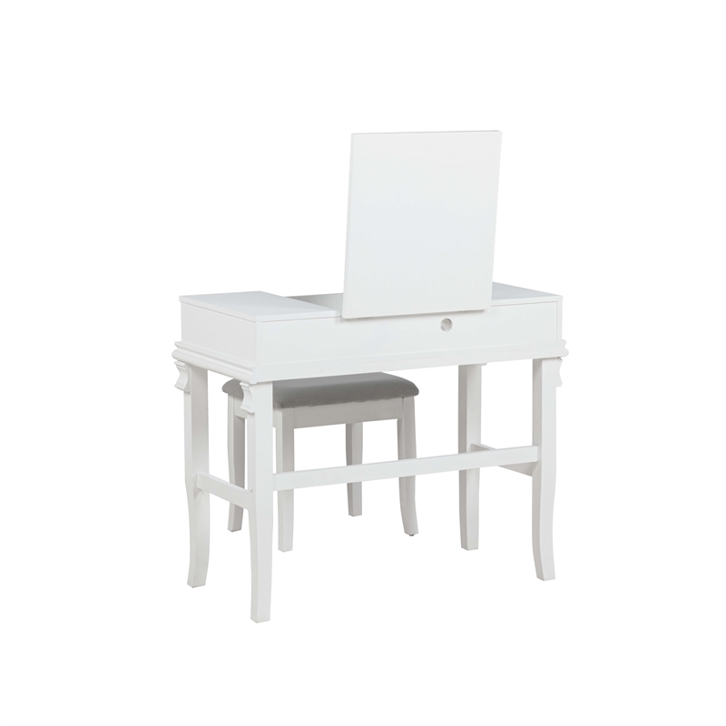 Linon Angela Wood Vanity & Padded Beige Stool 2 Drawers Flip Up Mirror in White