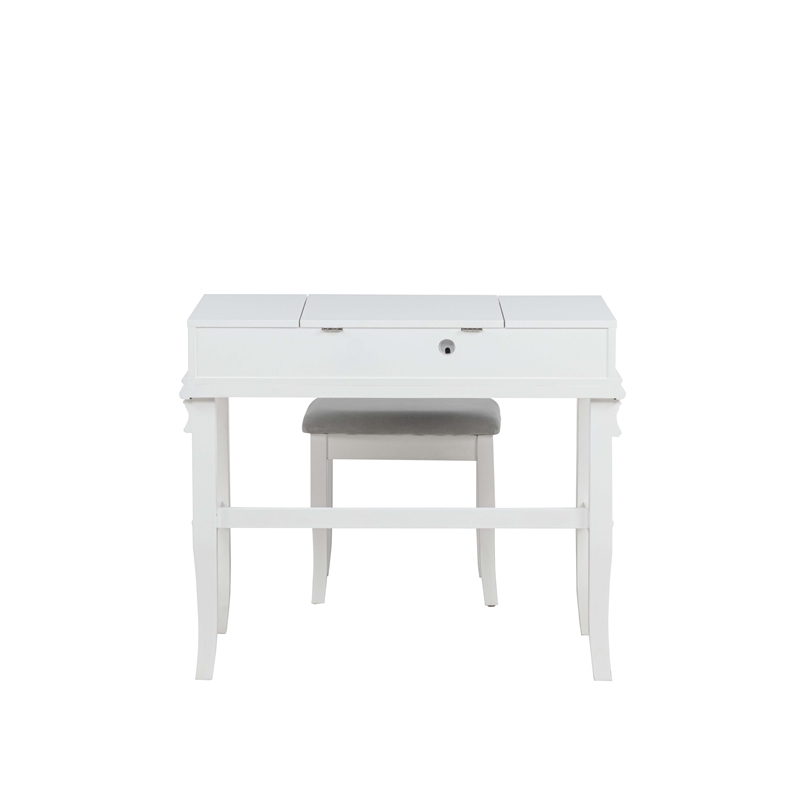 Linon Angela Wood Vanity & Padded Beige Stool 2 Drawers Flip Up Mirror in White