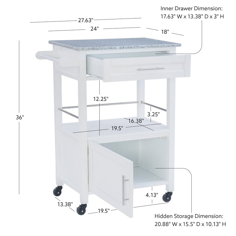 Linon Mitchell Wood Granite Top Rolling Kitchen Cart Ample Storage in White