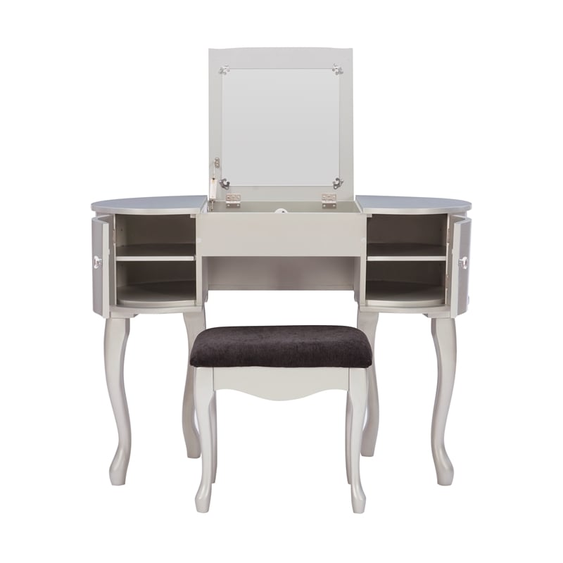 Linon Paloma Wood Vanity & Padded Stool Set Flip Up Mirror 2 Drawers in Silver