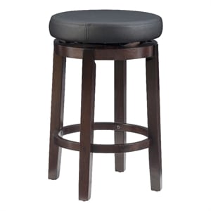 Linon Maya 25&quot Round Black Faux Leather Swivel Counter Stool in Dark Brown Wood