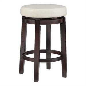 Linon Maya 25&quot Round Beige Faux Leather Swivel Counter Stool in Brown Wood