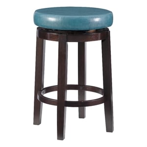 Linon Maya 25&quot Round Teal Blue Faux Leather Swivel Counter Stool in Brown Wood