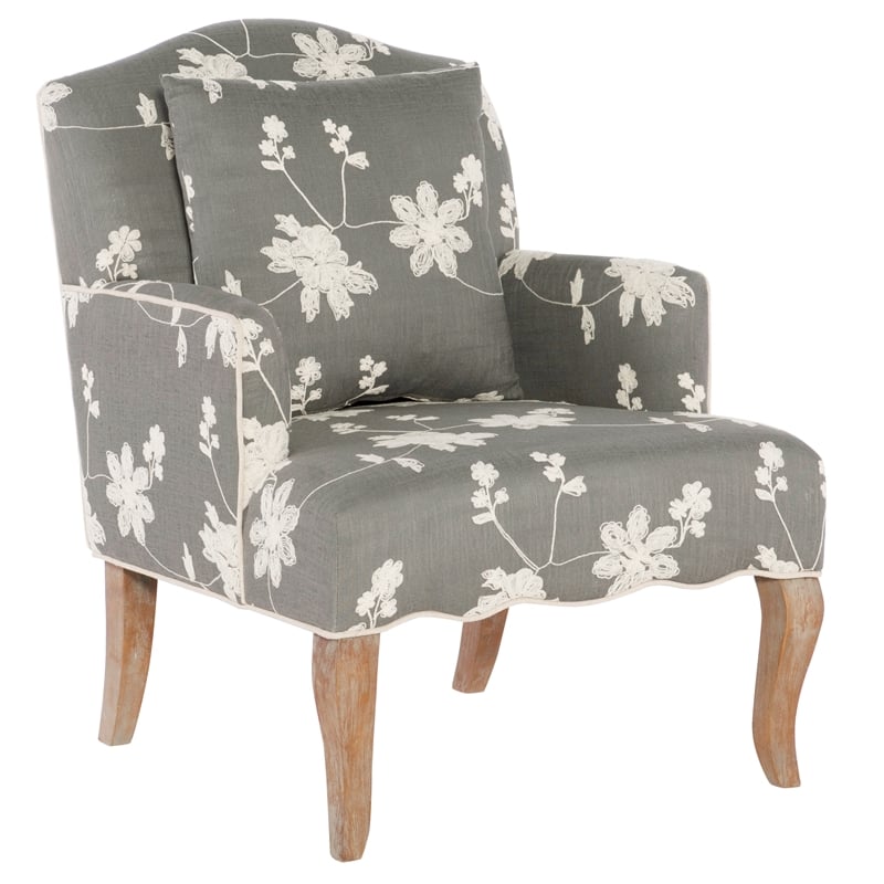 Linon Floral Embroidered Arm Chair in Gray 368312GRY01U