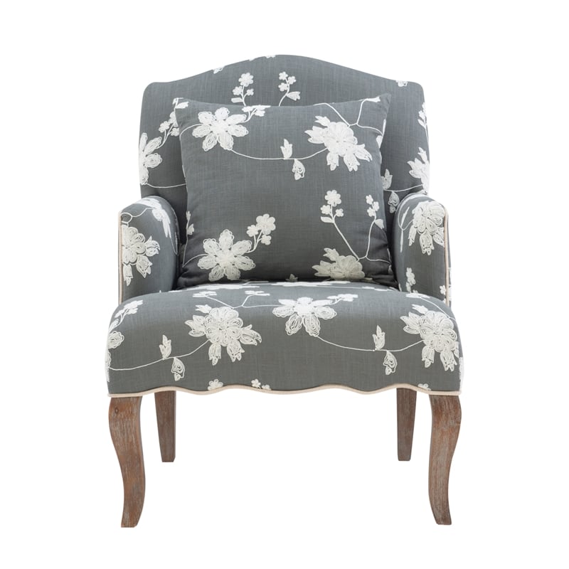 Linon Lauretta Upholstered Floral Embroidered Arm Chair with Pillow in Gray