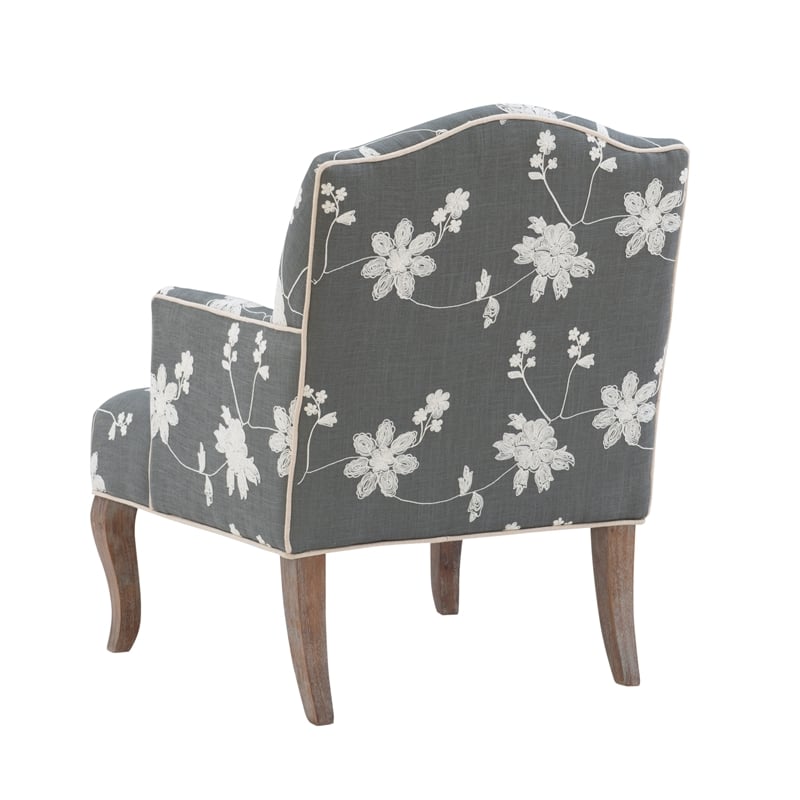 Linon Lauretta Upholstered Floral Embroidered Arm Chair with Pillow in Gray