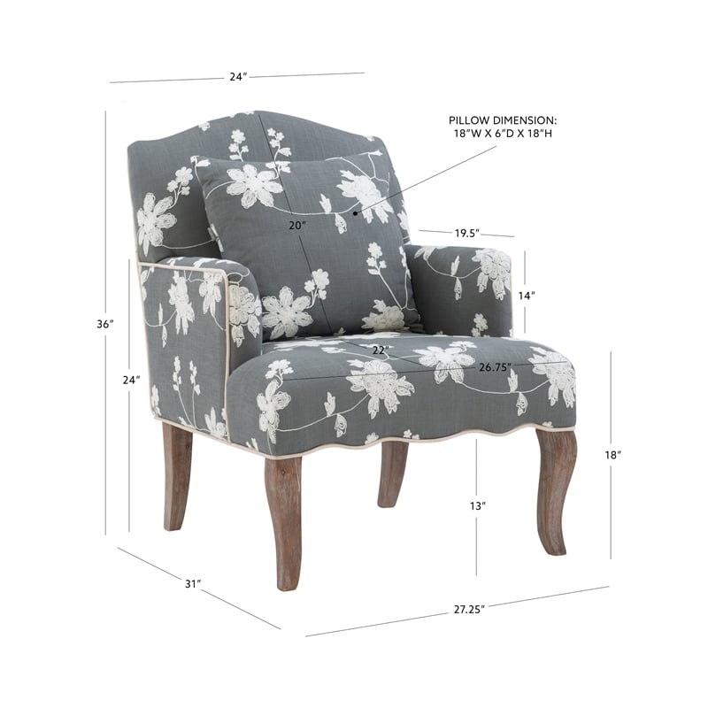 Linon Lauretta Upholstered Floral Embroidered Arm Chair with Pillow in Gray