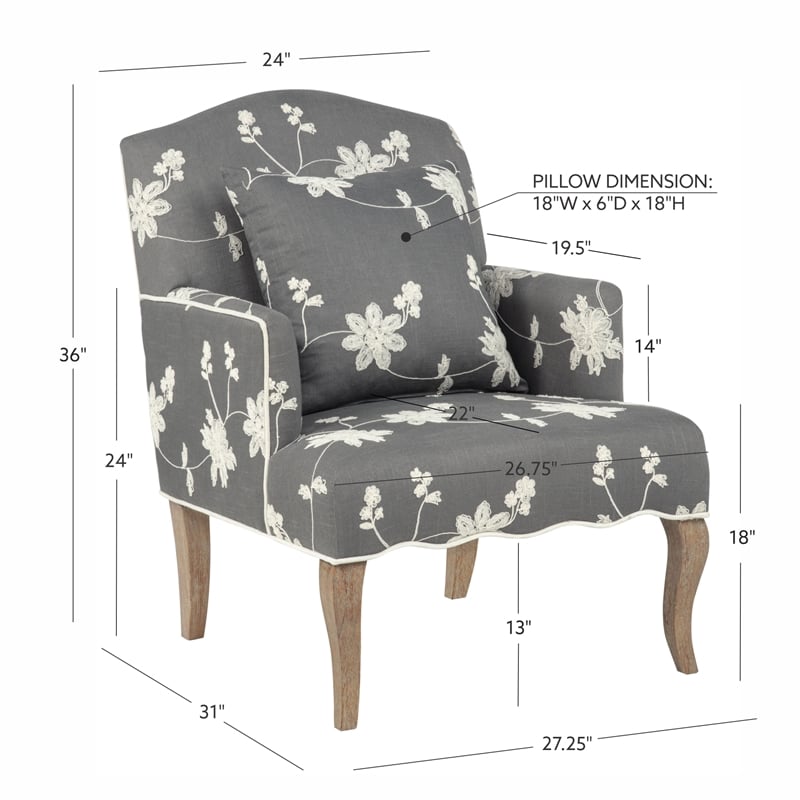 Linon Lauretta Upholstered Floral Embroidered Arm Chair with Pillow in Gray