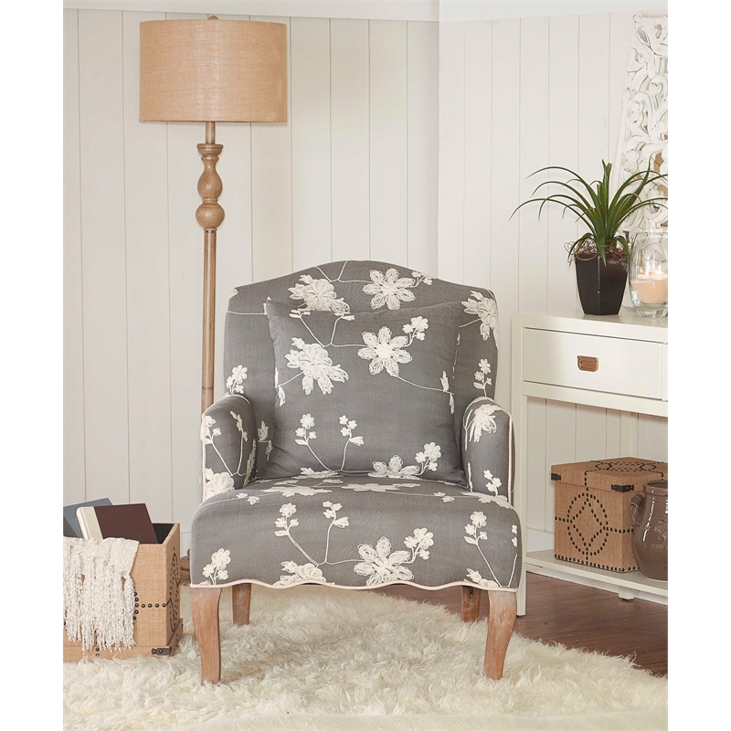 Linon Floral Embroidered Arm Chair in Gray 368312GRY01U