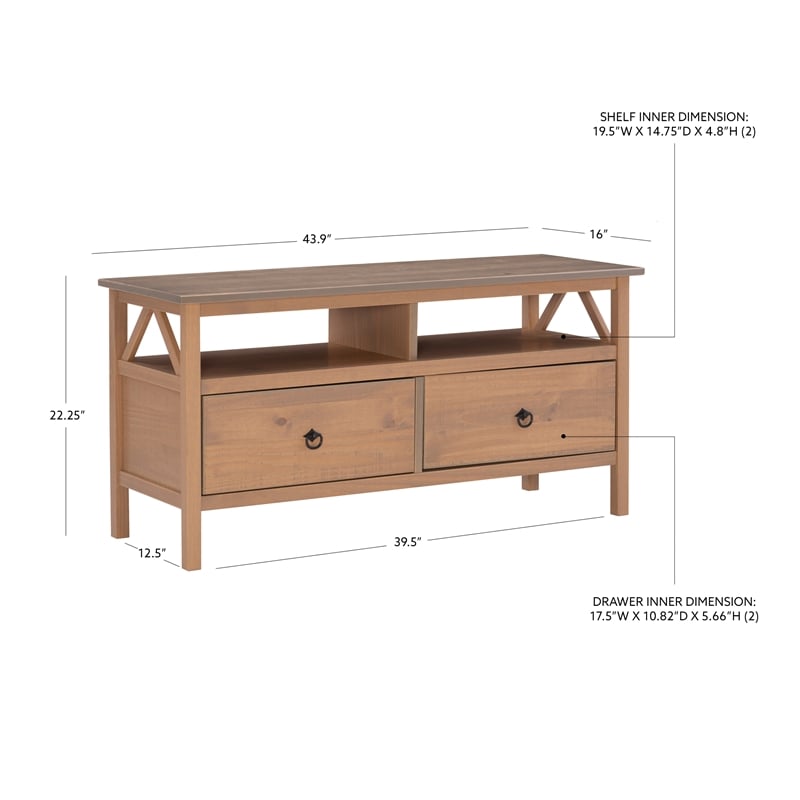 Linon Titian Pine Wood TV Media Stand Open Shelves 2 Drawers in Driftwood Finish