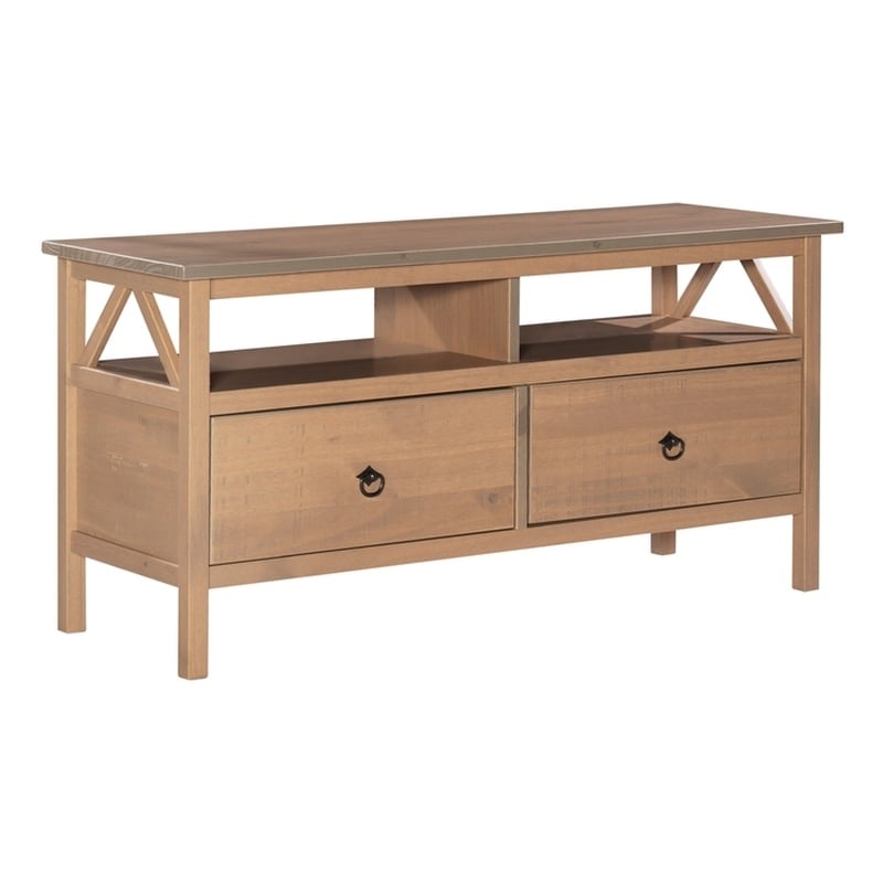 Linon Titian Pine Wood TV Media Stand Open Shelves 2 Drawers in Driftwood Finish