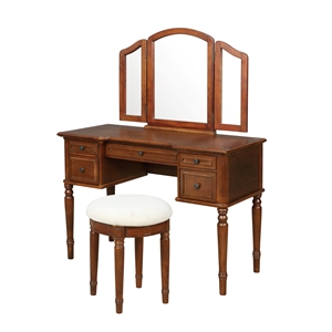 Powell Wood Vanity and Stool Set 5 Drawers Tri-Fold Mirror in Warm Cherry